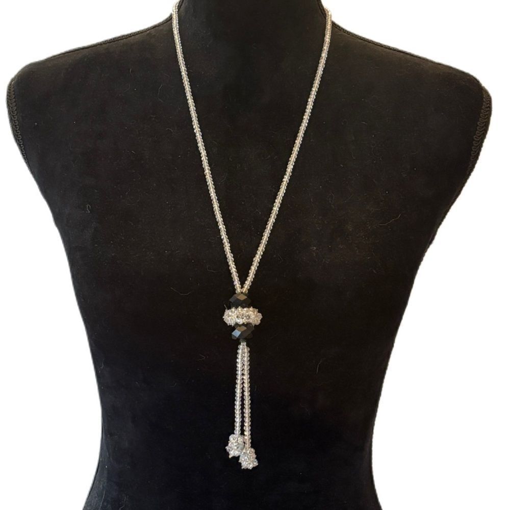 Vintage Austrian Crystal flapper necklace in white and black crystals.